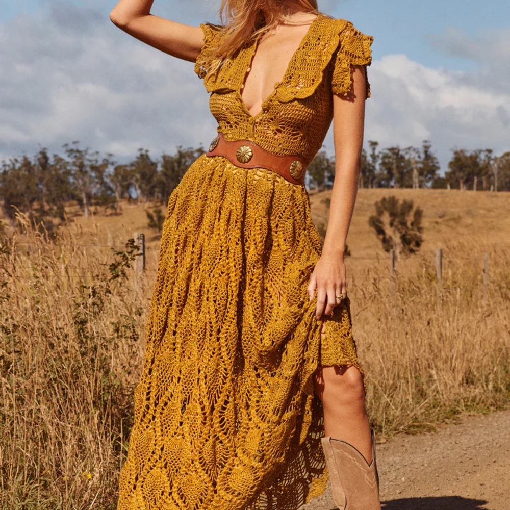 !!SOLD!! Bohemian Mustard Crochet Maxi Dress